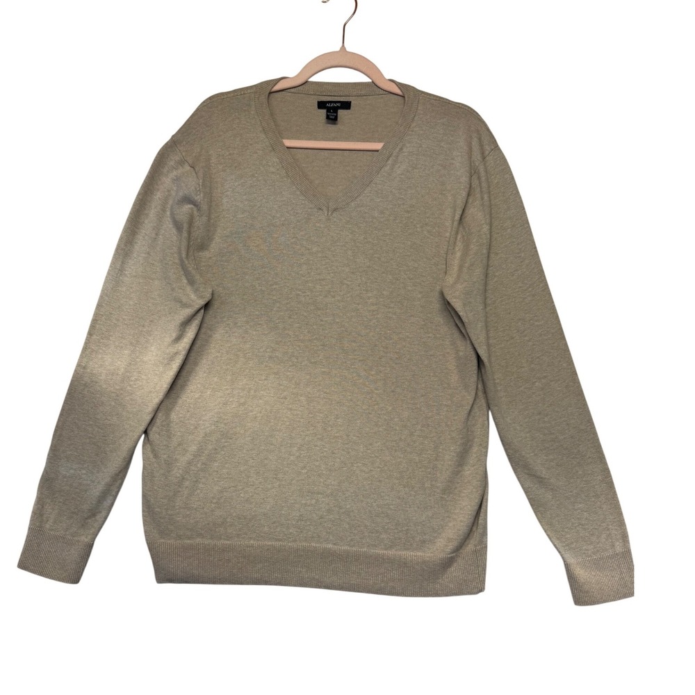 Alfani Mens V-Neck Sweater Tan Beige Cotton Nylon Blend Size L Long Sleeve